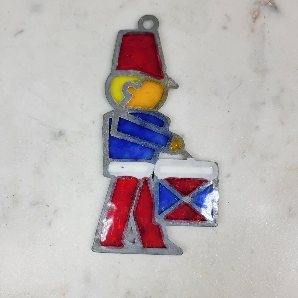 Vintage Drummer Boy Stained Glass Sun Catcher Blue Red Christmas Holiday